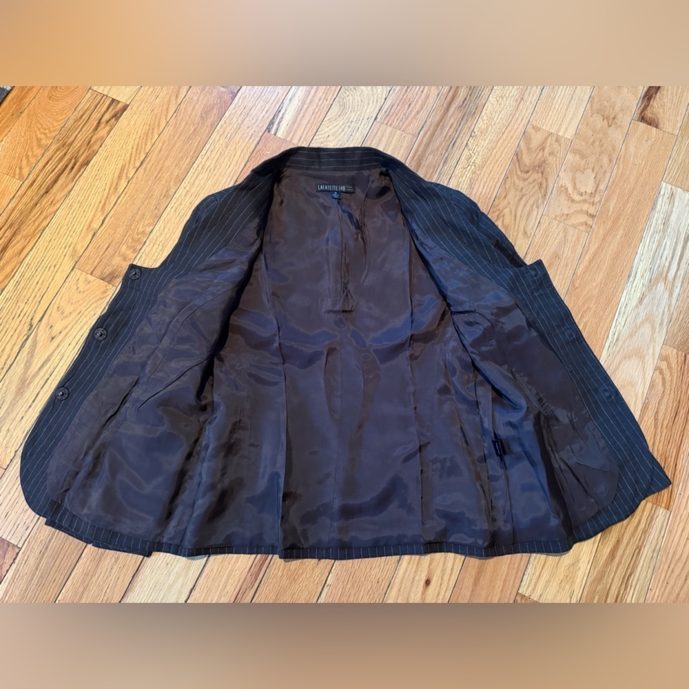 Lafayette 148 Blazer Brown Pinstripe 100% Linen 2 Button Career Jacket Women 10 - Picture 9 of 13